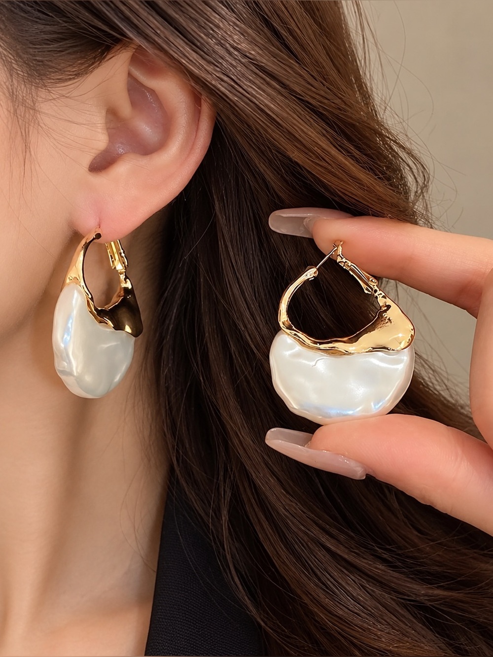 Gold & Pearl White Wedding Hoop Earrings